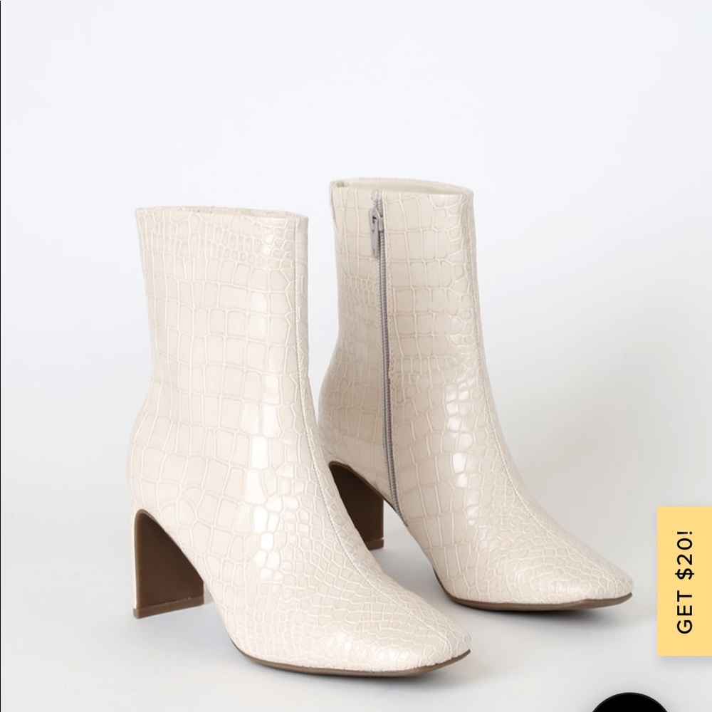 Believable Winter White Crocodile Embossed Square Toe Booties